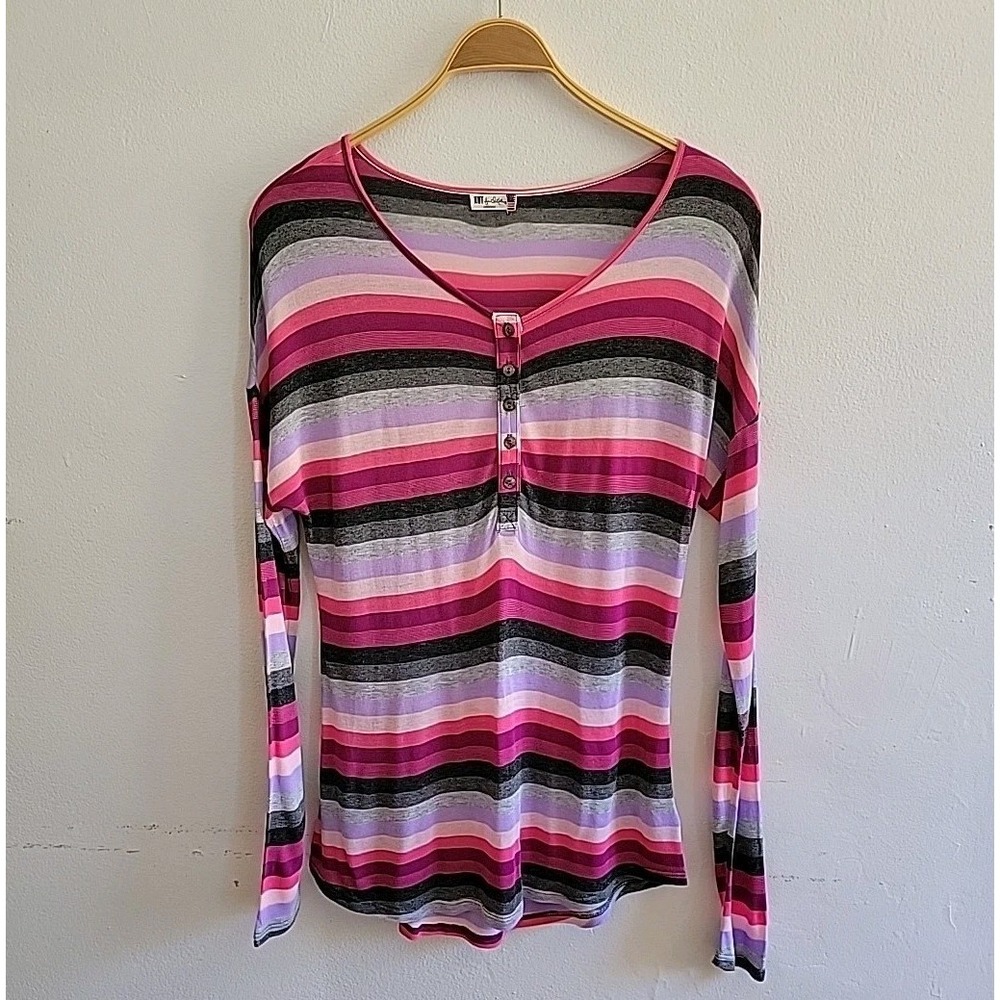 Kut‎ From the Kloth Thin Knit Half Button Henley Rainbow Stripe Semi Sheer Retro